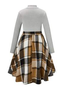 SHEIN LUNE 大碼格紋印花腰帶喇叭下擺洋裝 - 彩色 - 查看 2