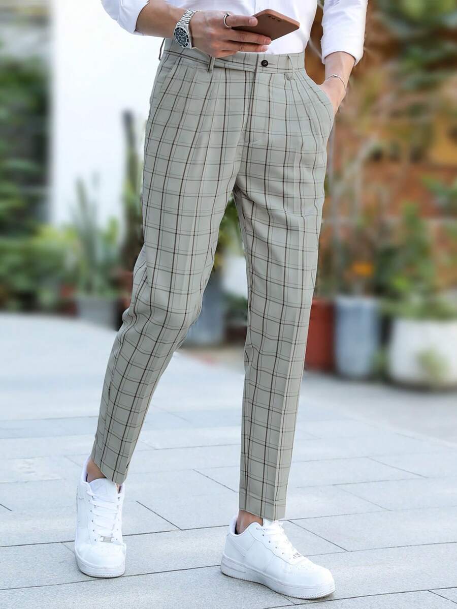 Manfinity Homme Men Plaid Print Slant Pocket Suit Pants - Light Grey - View 1