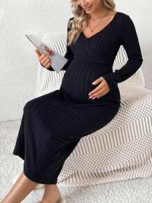 SHEIN Váy dệt kim gân cho bà bầu - màu đen - Xem 1