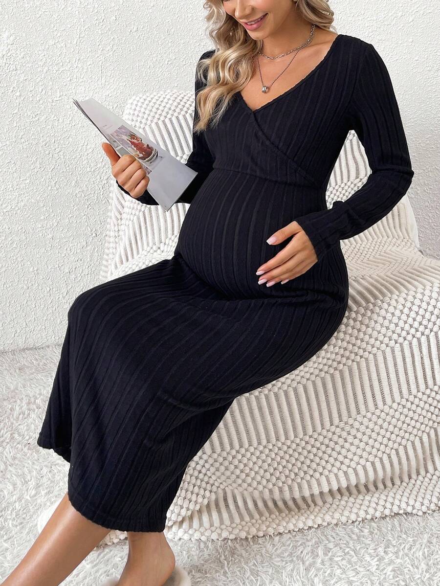 SHEIN Váy dệt kim gân cho bà bầu - màu đen - Xem 1