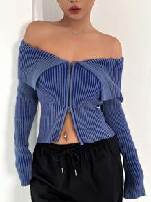 SHEIN EZwear Foldover Off Shoulder Zip Up Cardigan In Fall/Winter