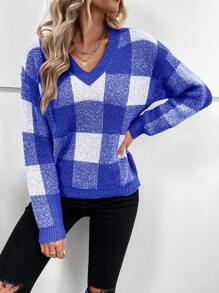 SHEIN LUNE Họa tiết kẻ sọc trâu Thả vai Áo len - Xanh đậm - Xem 3
