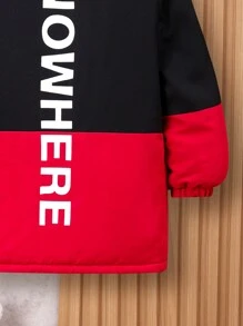 SHEIN Tween Boy Two Tone Letter Graphic Flap Pocket Hooded Padded Coat - Black - View 3