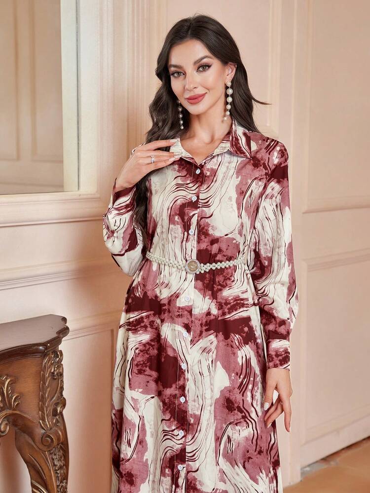 Modelyn Vestido camisero de tie dye con botón delantero sin cinturón - Rojo - Añade 5