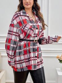 SHEIN Essnce 大碼格紋印花翻蓋口袋落肩袖襯衫 - 紅色 - 查看 5