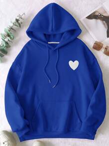 SHEIN EZwear 加大码刺绣爱心图案袋鼠口袋落肩抽绳卫衣 - 寶藍色 - 查看 1