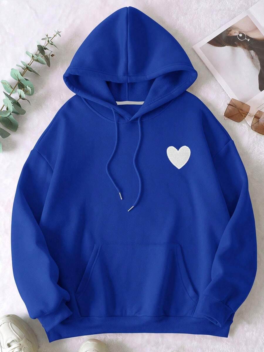 SHEIN EZwear 加大码刺绣爱心图案袋鼠口袋落肩抽绳卫衣 - 寶藍色 - 查看 1