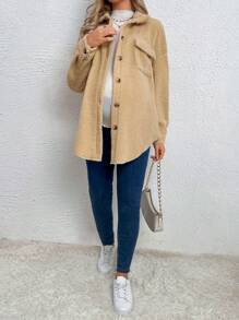 SHEIN Maternity Flap Pocket Drop Shoulder Teddy Coat - Apricot - View 4