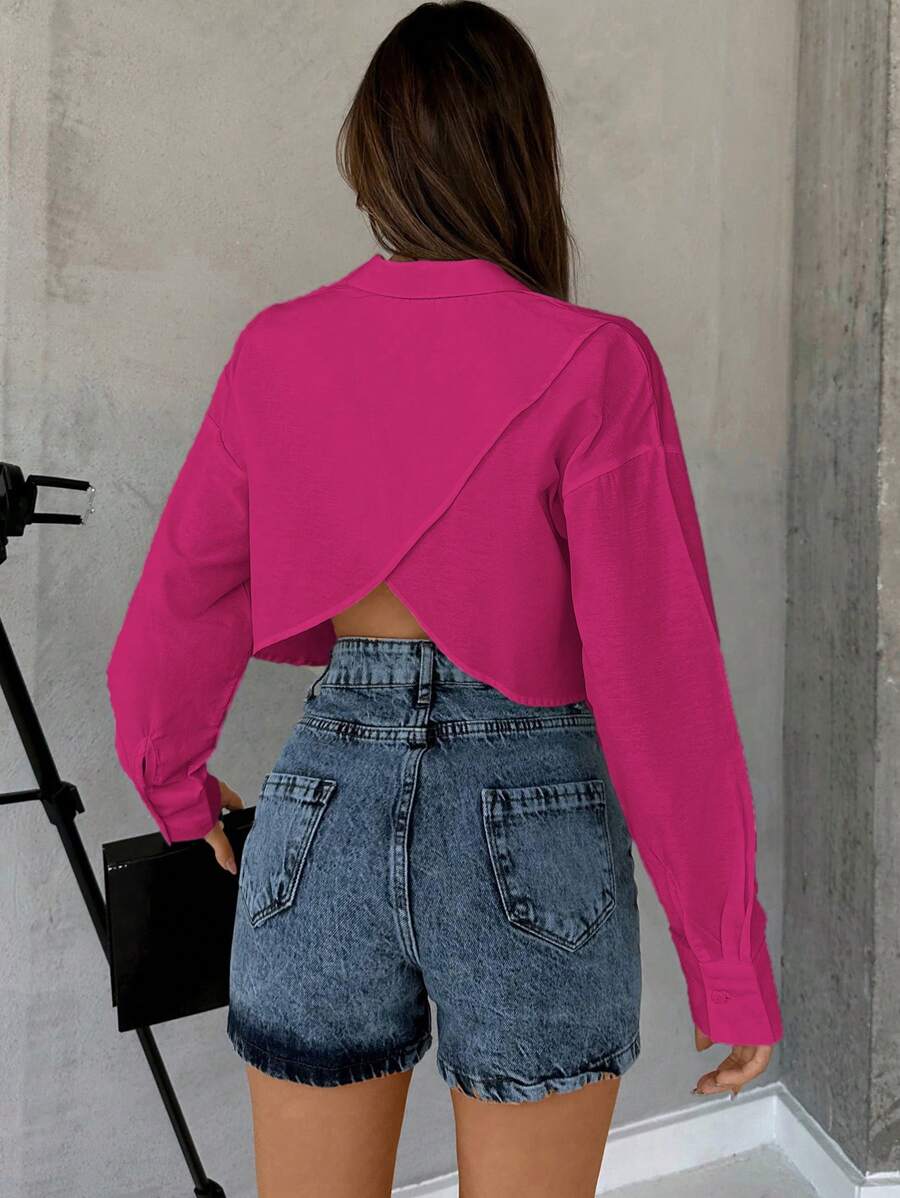 RueChic Solid Tulip Back Drop Shoulder Crop Blouse - Pink - View 1