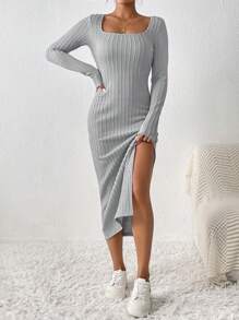 SHEIN Frenchy Cổ vuông Tách đùi Đồ đan Ribbed Đầm - Xám - Xem 4
