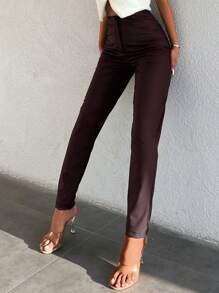 EURMUSE Solid High Waist PU Leather Pants - Brown - View 4