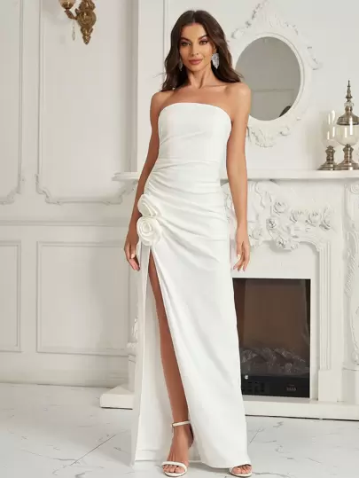 SHEIN Belle 3D Flowers Ruched Split Thigh Cocktail Dress White Elegant Formal Evening Prom Wedding Guest Gown, For Graduation, Dinner Party Dress