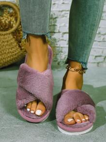 Fall/Winter Cross-Strap Open Toe Fuzzy Women's Indoor Slippers, Anti-Slip House Slippers With Fashionable High-End Style,Fluffy Slippers - Purple - View 3