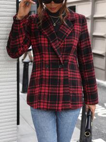 SHEIN Clasi Plaid Print Double Button Blazer - Red - View 4