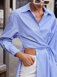 BizChic Striped Print Drop Shoulder Knot Side Asymmetrical Hem Shirt - Blue and White - View 5