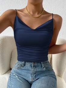 Uhlyne Top camisero elegante con pliegues de ajuste ceñido de color liso - Azul Marino - Ver 6