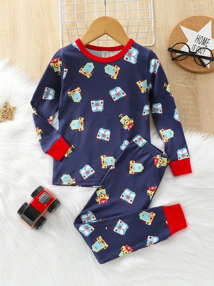 男童汽車印花對比色口袋修身睡衣套裝 - 藏蓝色 - 查看 1