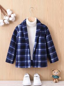 SHEIN Young Boy Plaid Shawl Collar Open Front Coat Without Sweater - Blue - View 1
