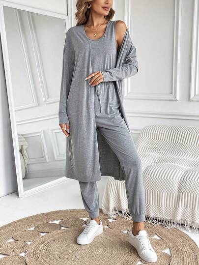 SHEIN LUNE Solid Drawstring Waist Tank Jumpsuit & Open Front Coat