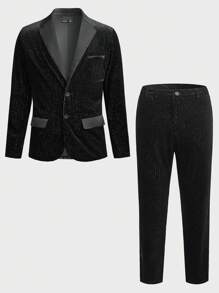 Manfinity RebelGame Men Lapel Collar Velvet Blazer & Pants Set - Black - View 1