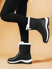 New Winter High-Top Anti-Slip Thick Plush Ladies Boots, Waterproof Outdoor Snow Boots, Fashionable Lace-Up Casual Black Thermal Lined Snow Boots, Warm Snow Boots For Couples, Winter Outdoor Sport Hiking Boots