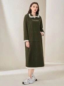 Mulvari Women's Drop Shoulder Letter Embroidery Dress - Army Green - View 5