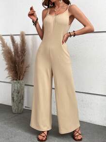 SHEIN VCAY Chất rắn Túi nghiêng Bộ áo liền quần Cami - Màu Khaki - Xem 5