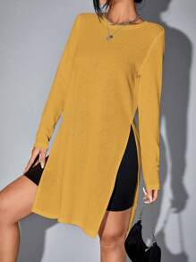 SHEIN EZwear 素色高衩長款T恤 - 黃色 - 查看 5