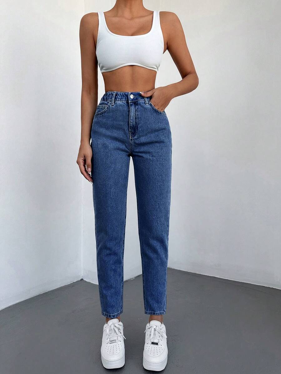 RueChic Jeans Mit Hohem Bund Und Geradem Bein - Blau - Übersicht 1