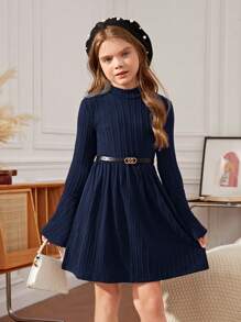 SHEIN Leap Crew Girls Textured Knit Stand Collar Flare Sleeve A-Line Vacation Dress - Navy Blue - View 1