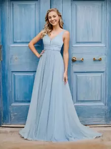 EVERPRETTY Rhinestone Detail Mesh Wedding Dress - Baby Blue - View 7