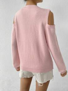 Flirla Cold Shoulder Lace Up Front Knit Pullover Fall Winter Sweater - Baby Pink - View 2