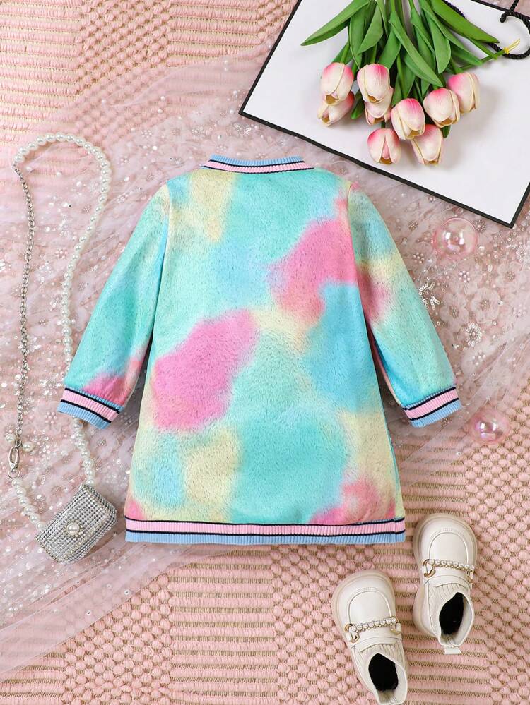 Baby Girl Tie Dye Letter & Figure Graphic Contrast Binding Sweatshirt Dress