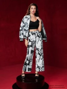 Marilyn Monroe X SHEIN Figure Graphic Wide Leg Pants - Black - View 6