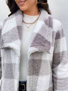 SHEIN LUNE Hơn In kẻ sọc Buffalo Mở Mặt trước Lông cừu áo - Nhiều màu - Xem 3