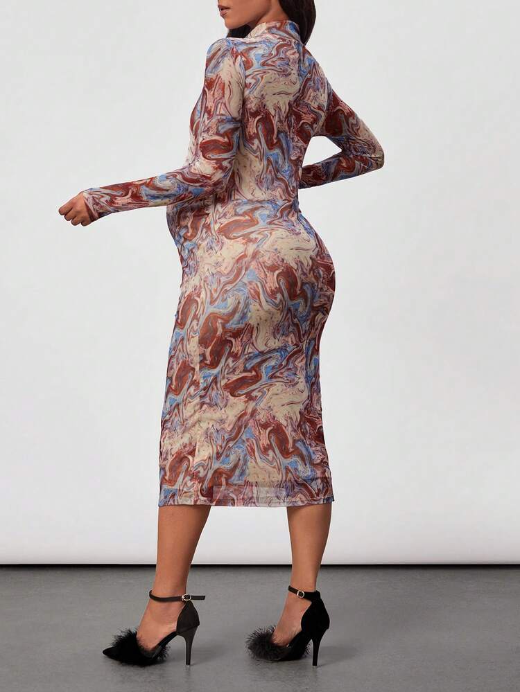 Maternity Marble Print Stand Collar Bodycon Dress