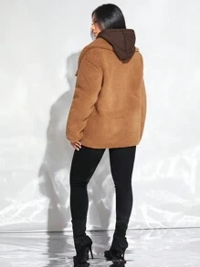 SHEIN SXY Abrigo teddy unicolor de cuello cascada con botón delantero - Marrón Mocha - Ver 4