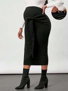 SHEIN Adjustable Waist Belted Maternity Skirt - Black - View 1