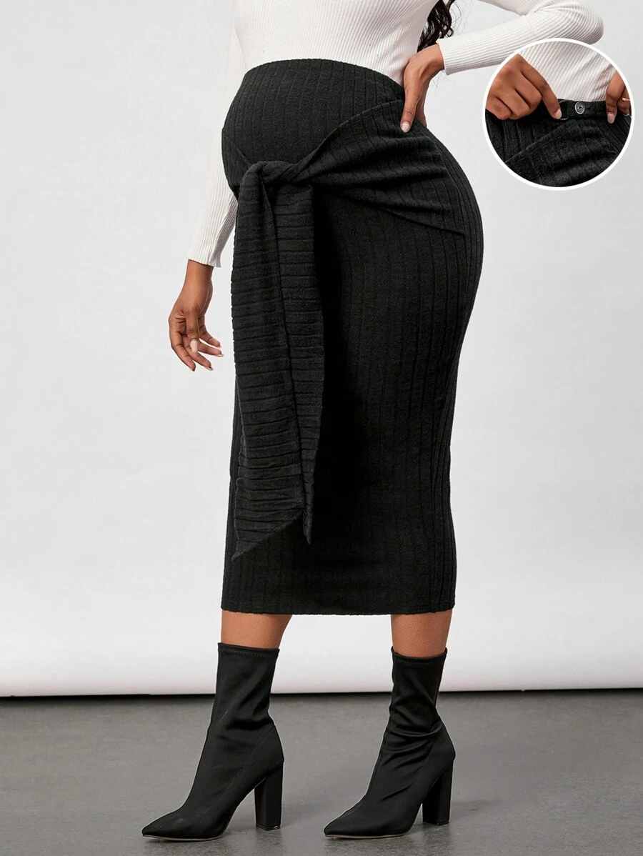 SHEIN Adjustable Waist Belted Maternity Skirt - Black - View 1