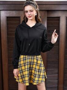 SHEIN EZwear 下垂肩對比格子襬邊2合1連帽裙