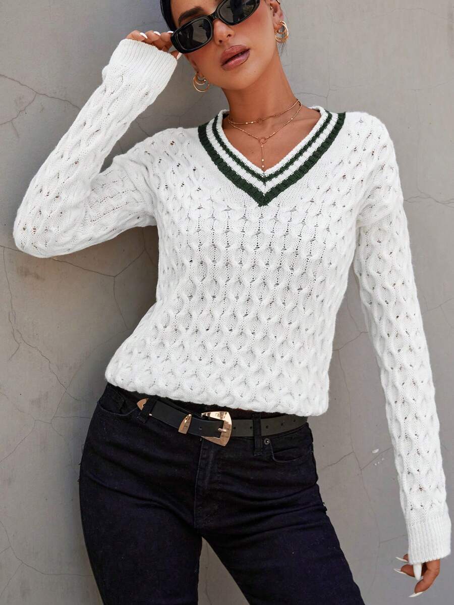 RueChic Pull À Ourlet À Rayures En Tricot Torsadé Épaule tombante