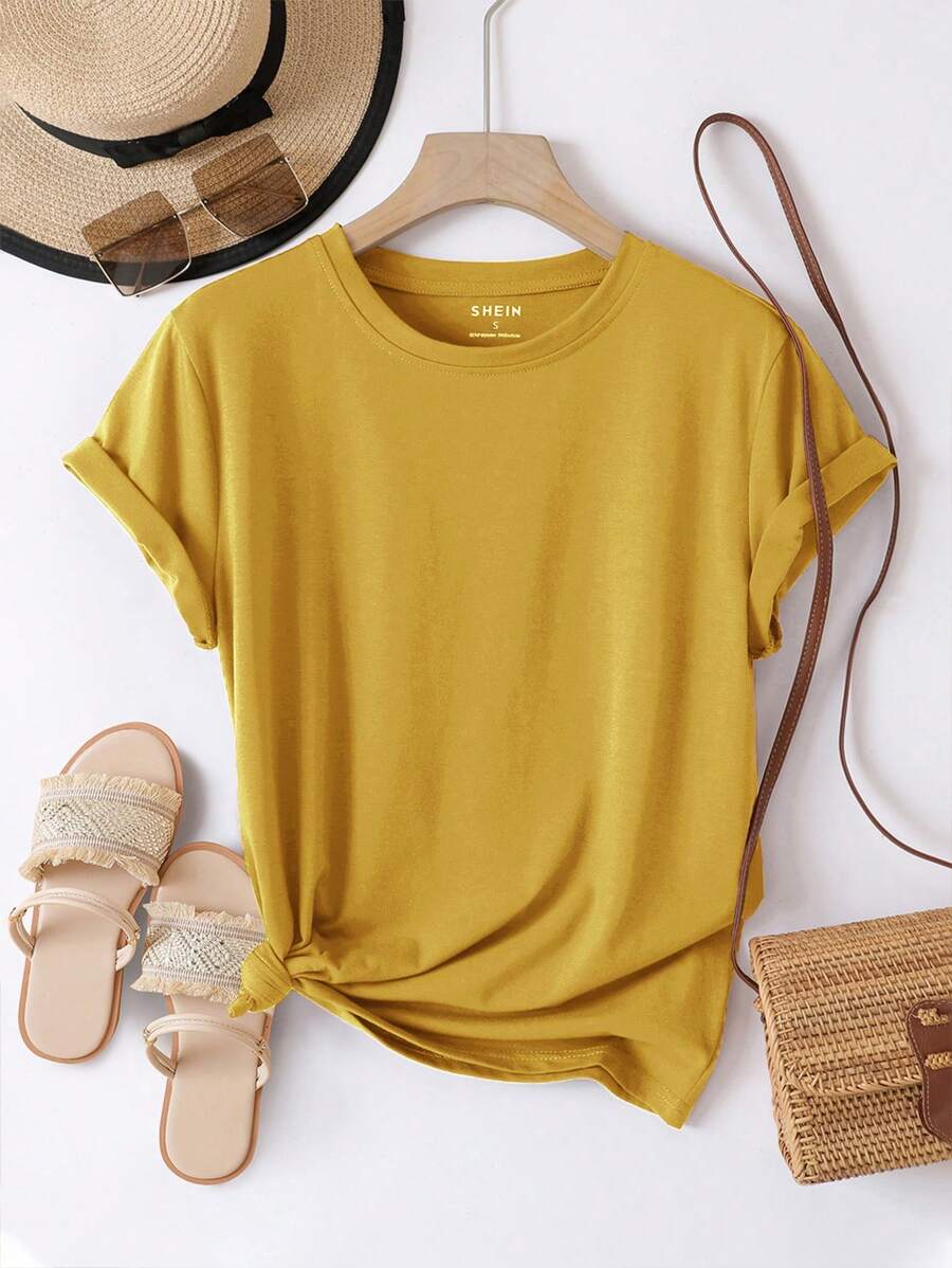 INAWLY Solid Batwing Sleeve Tee - Mustard Yellow - View 1