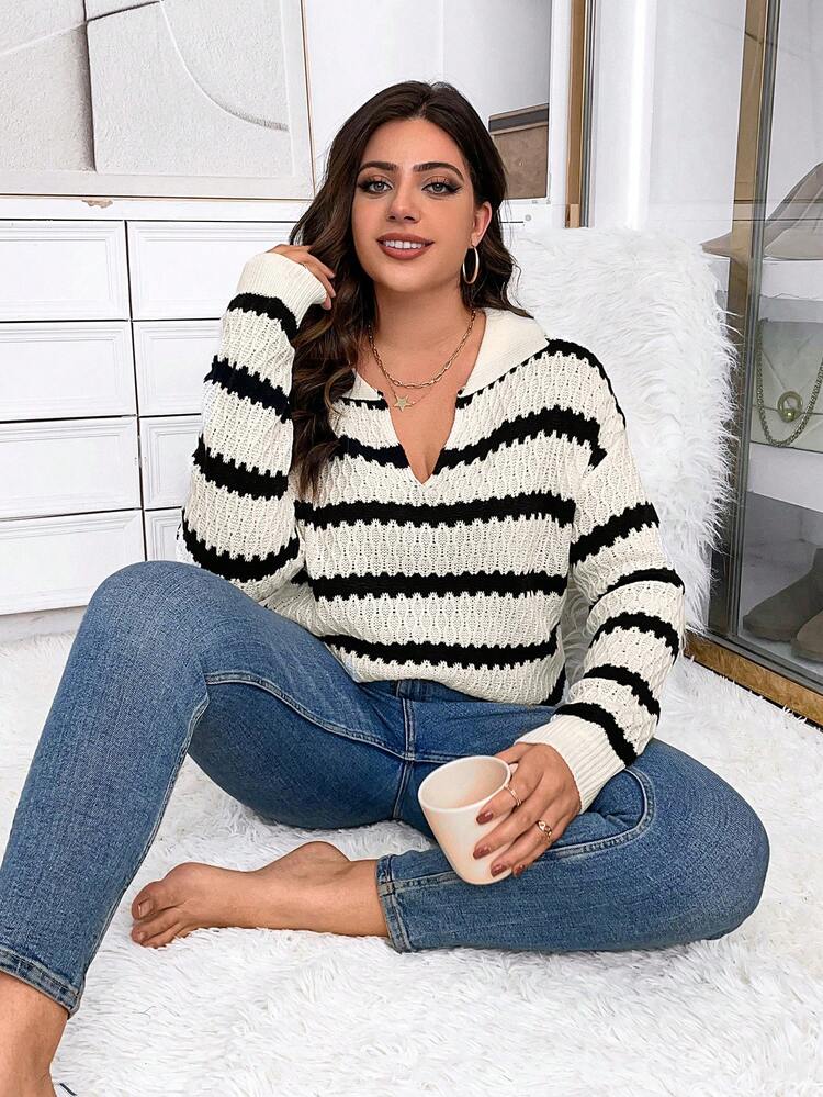 Plus Striped Pattern Drop Shoulder Sweater Knit Pullover Fall Winter Sweater