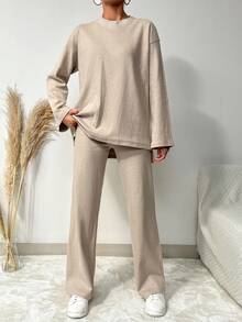 EURMUSE 两件套女士纯色落肩长袖宽松休闲上衣和裤子套装 - 杏色 - 查看 4