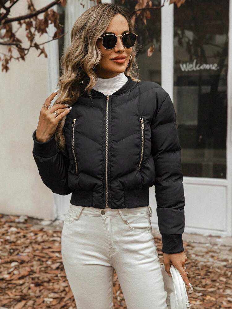 Zip Up Crop Padded Coat For Winter Fall Cloth For Women