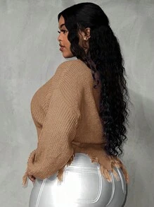 Slaydiva Plus Drop Shoulder Distressed Trim Sweater In Fall/Winter - Khaki - View 4