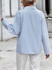 SHEIN Essnce Blue And White Pinstriped Stand Collar Pullover Shirt - Blue and White - View 2