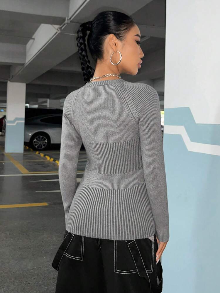 Solid Ribbed Knit Raglan Sleeve Sweater