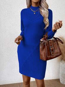 SHEIN LUNE 素色小高領條紋針織毛衣洋裝 - 藍色 - 查看 5