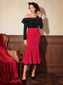 SHEIN DECDS 女式不对称领口和蕾丝边上衣 - 黑色 - 查看 1